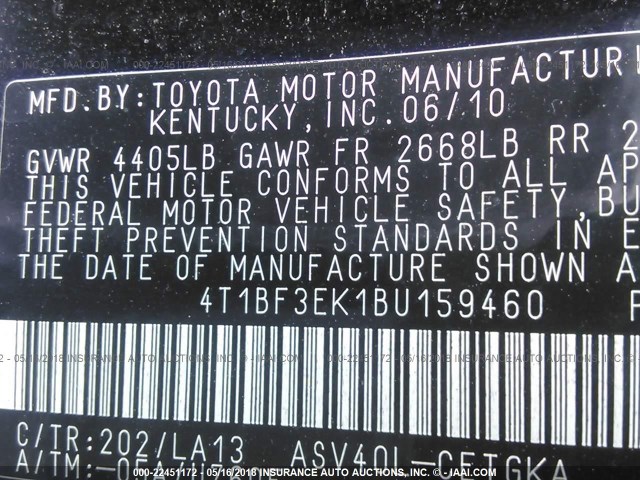 4T1BF3EK1BU159460 - 2011 TOYOTA CAMRY SE/LE/XLE BLACK photo 9