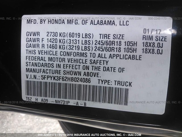 5FPYK3F62HB024086 - 2017 HONDA RIDGELINE RTL BLACK photo 9