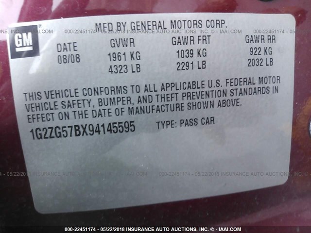 1G2ZG57BX94145595 - 2009 PONTIAC G6 RED photo 9