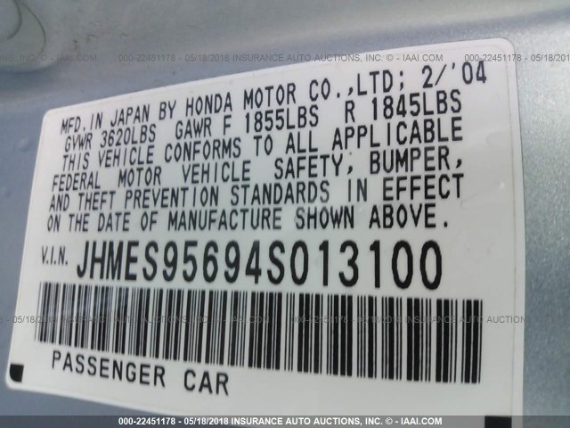 JHMES95694S013100 - 2004 HONDA CIVIC HYBRID Light Blue photo 9