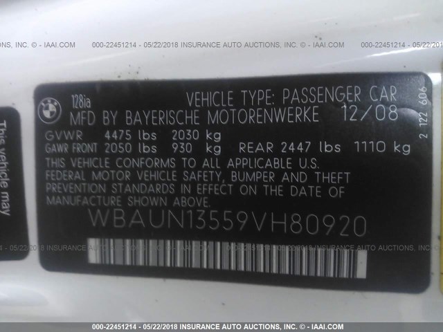 WBAUN13559VH80920 - 2009 BMW 128 I WHITE photo 9