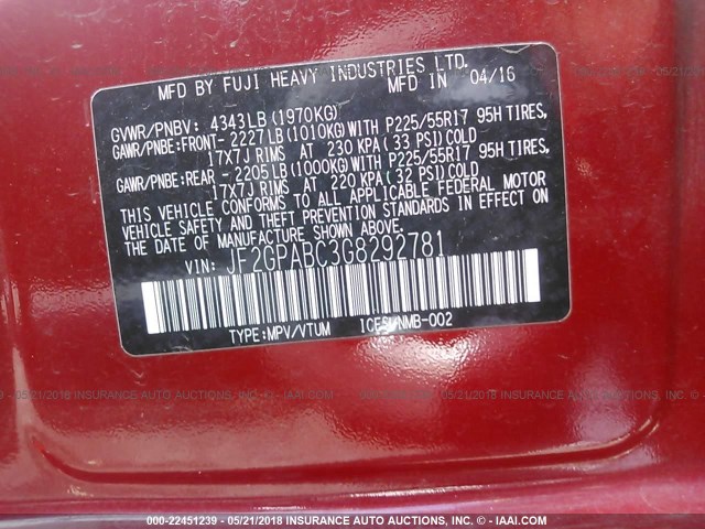 JF2GPABC3G8292781 - 2016 SUBARU CROSSTREK PREMIUM წითელი ფოტო 9