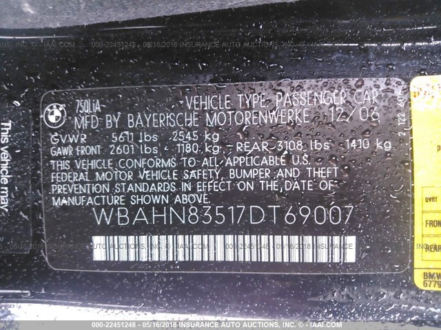 WBAHN83517DT69007 - 2007 BMW 750 BLACK photo 9