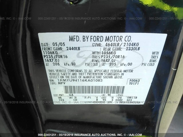 1FMYU94116KA01083 - 2006 FORD ESCAPE LIMITED BLACK photo 9