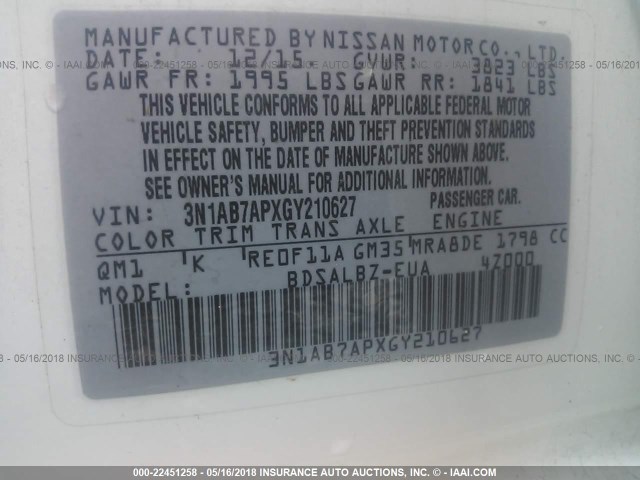 3N1AB7APXGY210627 - 2016 NISSAN SENTRA S/SV/SR/SL WHITE photo 9