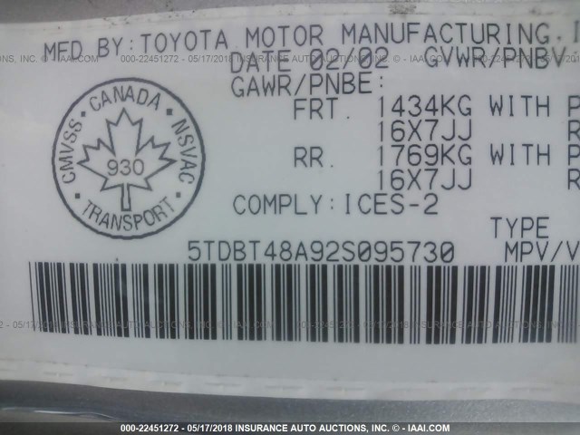 5TDBT48A92S095730 - 2002 TOYOTA SEQUOIA LIMITED SILVER photo 9