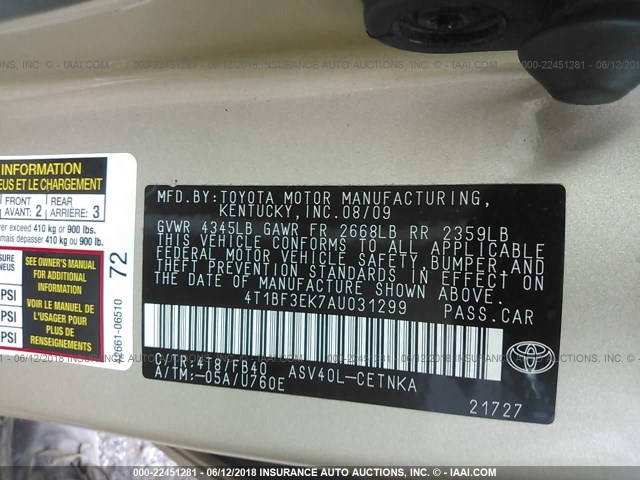 4T1BF3EK7AU031299 - 2010 TOYOTA CAMRY SE/LE/XLE 金色 照片 9
