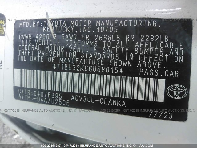 4T1BE32K66U680154 - 2006 TOYOTA CAMRY LE/XLE/SE თეთრი ფოტო 9