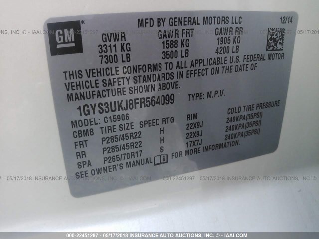 1GYS3UKJ8FR564099 - 2015 CADILLAC ESCALADE ESV PLATINUM თეთრი ფოტო 9
