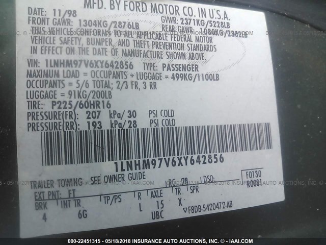 1LNHM97V6XY642856 - 1999 LINCOLN CONTINENTAL  Կանաչ լուսանկար 9