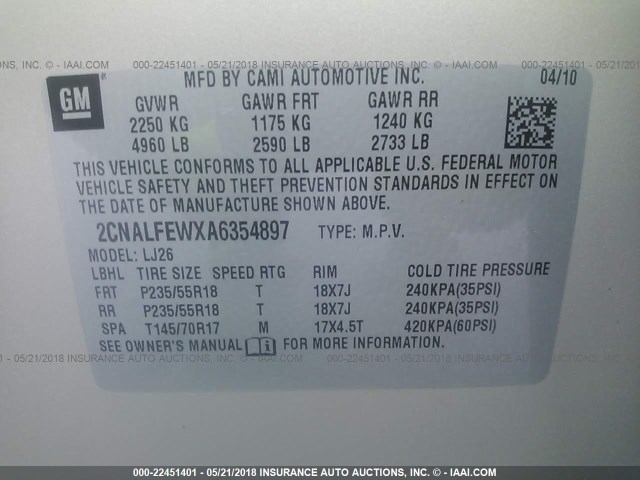 2CNALFEWXA6354897 - 2010 CHEVROLET EQUINOX LTZ TAN photo 9