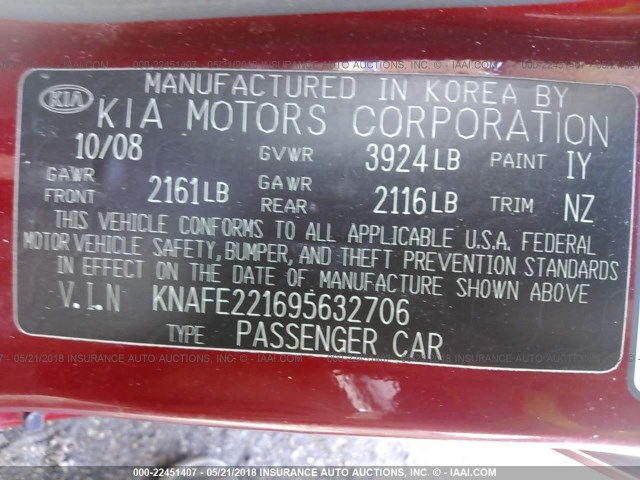 KNAFE221695632706 - 2009 KIA SPECTRA EX/LX/SX RED photo 9