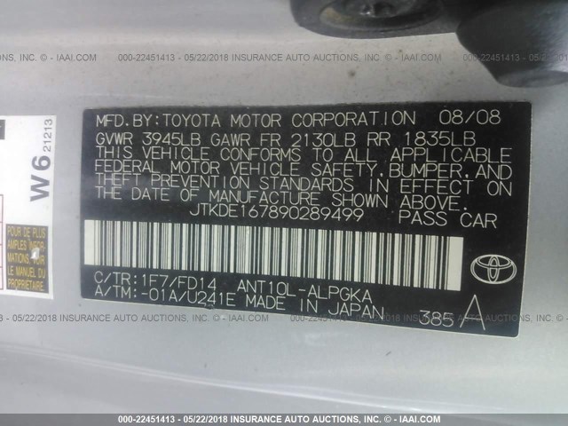 JTKDE167890289499 - 2009 TOYOTA SCION TC 银色 照片 9