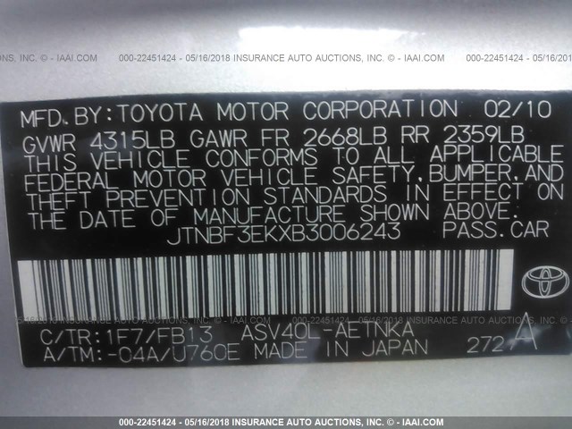 JTNBF3EKXB3006243 - 2011 TOYOTA CAMRY SE/LE/XLE ვერცხლისფერი ფოტო 9