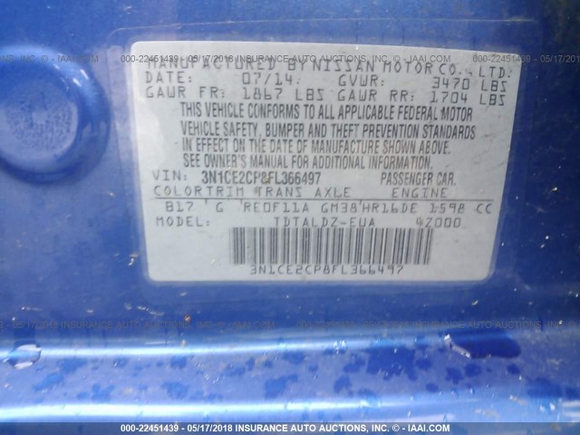 3N1CE2CP8FL366497 - 2015 NISSAN VERSA NOTE S/S PLUS/SV/SL/SR BLUE photo 9