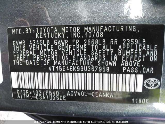 4T1BE46K99U367958 - 2009 TOYOTA CAMRY SE/LE/XLE 灰色 照片 9