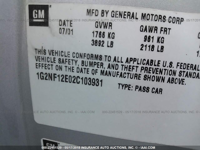 1G2NF12E02C103931 - 2002 PONTIAC GRAND AM SE1 SILVER photo 9