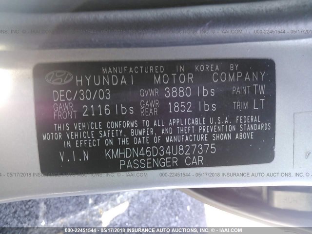 KMHDN46D34U827375 - 2004 HYUNDAI ELANTRA GLS/GT SILVER photo 9