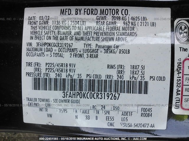 3FAHP0KC0CR319267 - 2012 FORD FUSION SPORT BLACK photo 9