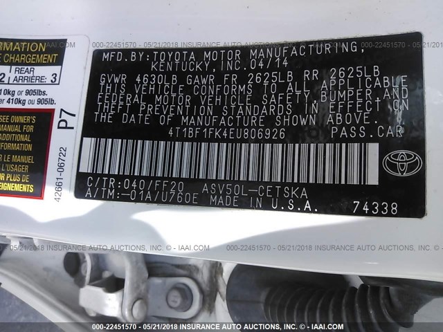 4T1BF1FK4EU806926 - 2014 TOYOTA CAMRY L/SE/LE/XLE 白色 照片 9