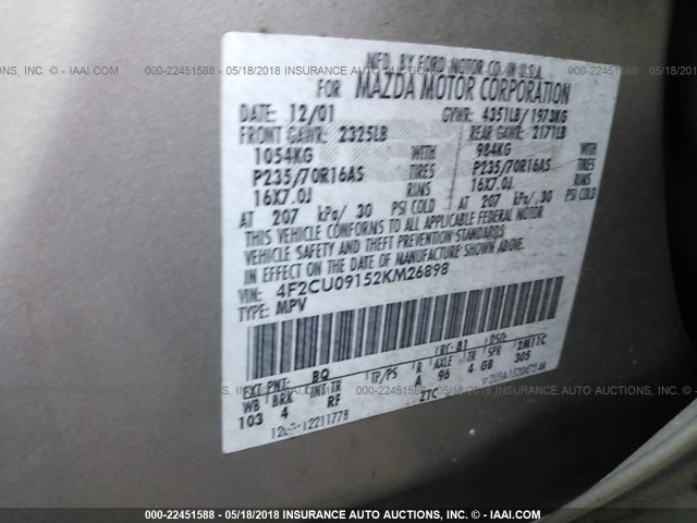 4F2CU09152KM26898 - 2002 MAZDA TRIBUTE LX/ES 金色 照片 9