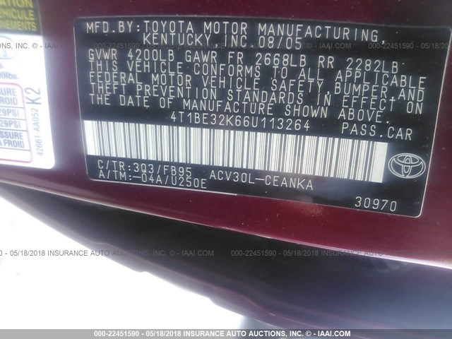 4T1BE32K66U113264 - 2006 TOYOTA CAMRY LE/XLE/SE 栗色 照片 9