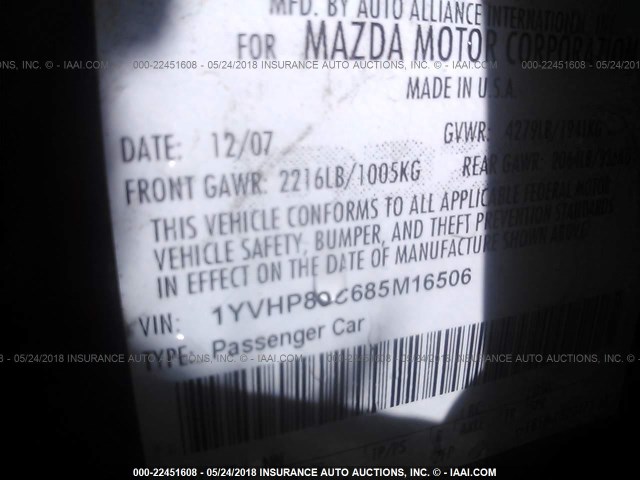 1YVHP80C685M16506 - 2008 MAZDA 6 I Черный фото 9