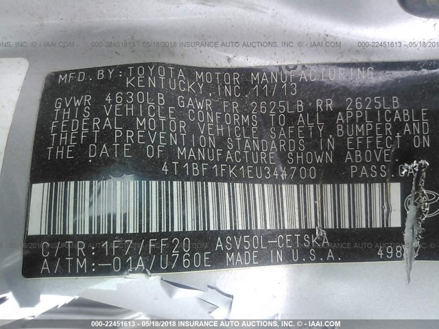 4T1BF1FK1EU344700 - 2014 TOYOTA CAMRY L/SE/LE/XLE Gümüş foto 9