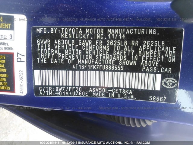 4T1BF1FK7FU888555 - 2015 TOYOTA CAMRY LE/XLE/SE/XSE ლურჯი ფოტო 9