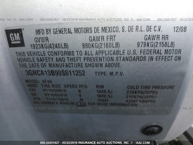 3GNCA13B99S611252 - 2009 CHEVROLET HHR LS SILVER photo 9