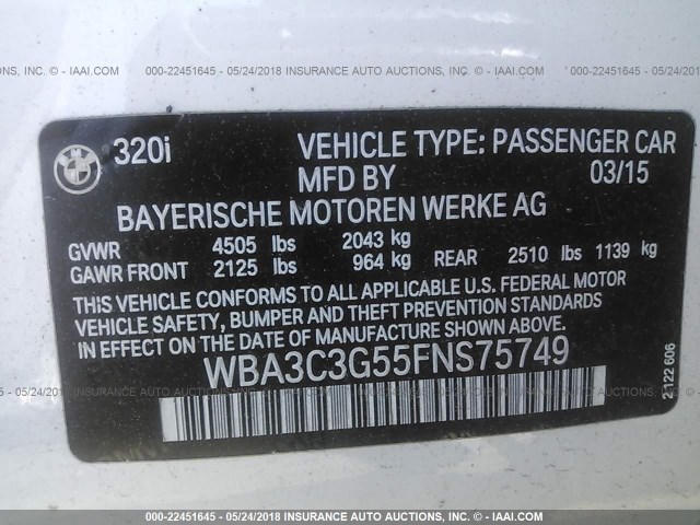 WBA3C3G55FNS75749 - 2015 BMW 320 I/XDRIVE WHITE photo 9