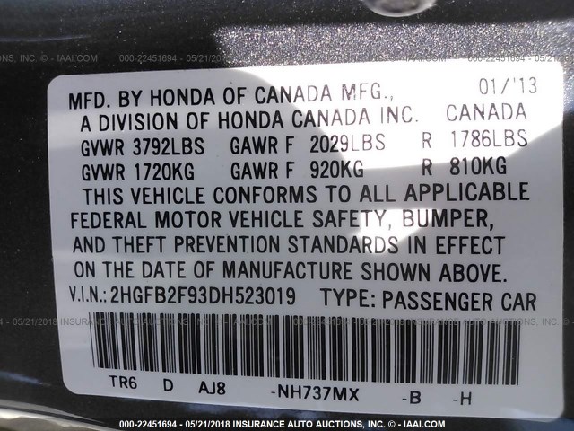 2HGFB2F93DH523019 - 2013 HONDA CIVIC EXL GRAY photo 9