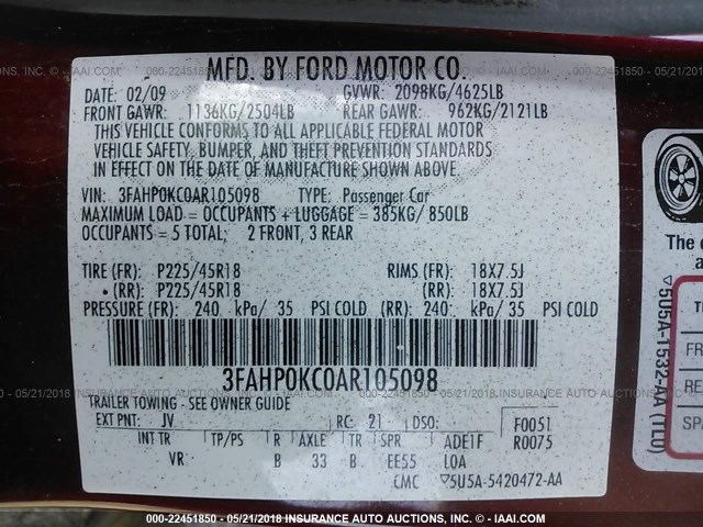 3FAHP0KC0AR105098 - 2010 FORD FUSION SPORT MAROON photo 9