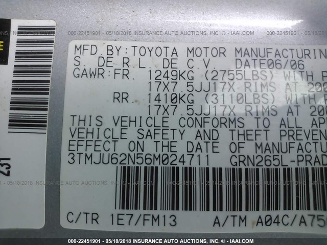 3TMJU62N56M024711 - 2006 TOYOTA TACOMA DOUBLE CAB PRERUNNER SILVER photo 9