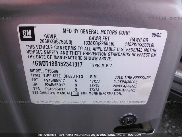 1GNDT13S152341017 - 2005 CHEVROLET TRAILBLAZER LS/LT SILVER photo 9