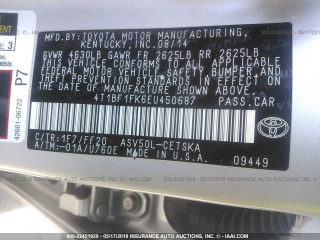 4T1BF1FK6EU450687 - 2014 TOYOTA CAMRY L/SE/LE/XLE 银色 照片 9