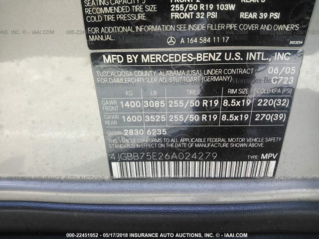 4JGBB75E26A024279 - 2006 MERCEDES-BENZ ML 500 SILVER photo 9