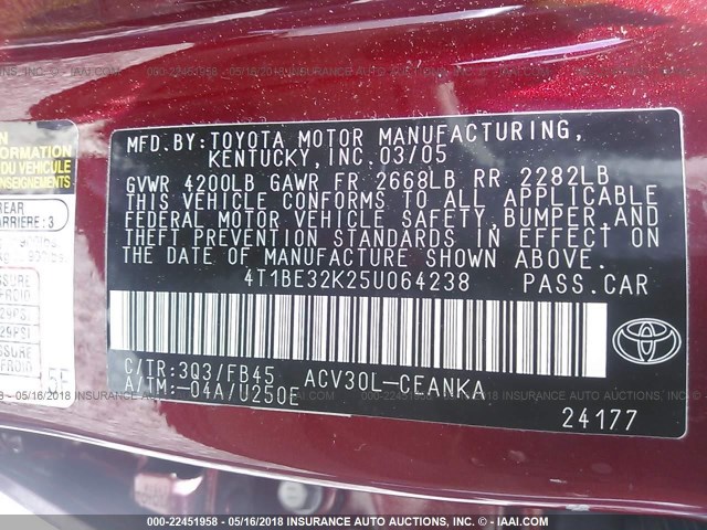 4T1BE32K25U064238 - 2005 TOYOTA CAMRY LE/XLE/SE წითელი ფოტო 9
