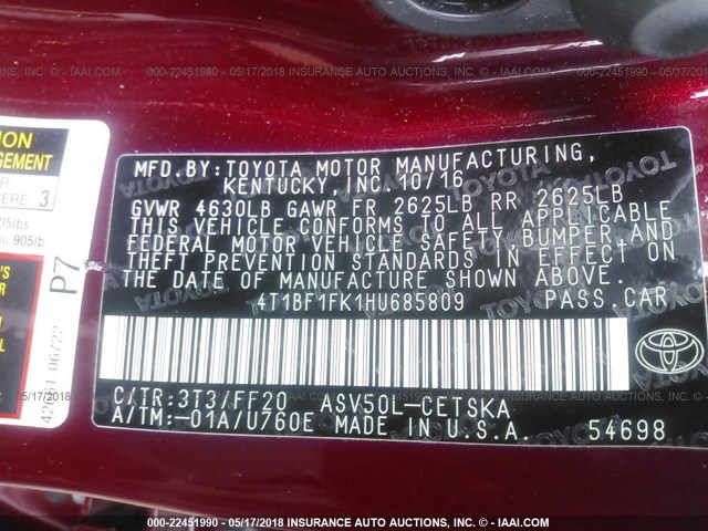 4T1BF1FK1HU685809 - 2017 TOYOTA CAMRY LE/XLE/SE/XSE წითელი ფოტო 9