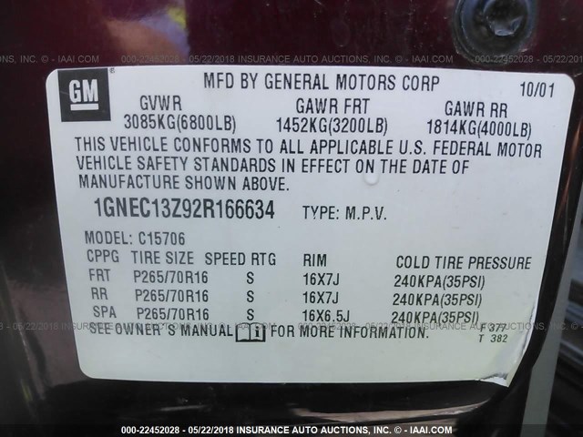 1GNEC13Z92R166634 - 2002 CHEVROLET TAHOE C1500 MAROON photo 9