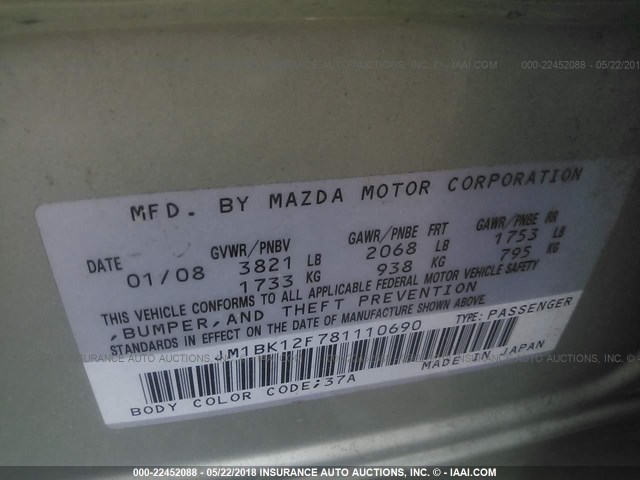 JM1BK12F781110690 - 2008 MAZDA 3 I GREEN photo 9