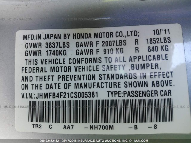 JHMFB4F21CS005381 - 2012 HONDA CIVIC HYBRID SILVER photo 9