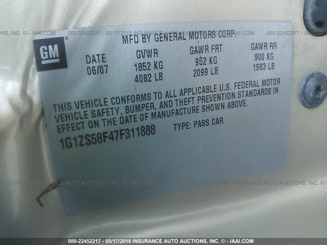 1G1ZS58F47F311888 - 2007 CHEVROLET MALIBU LS ოქროსფერი ფოტო 9