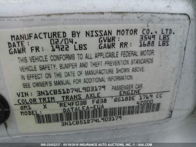 3N1CB51D74L903179 - 2004 NISSAN SENTRA 1.8/1.8S WHITE photo 9