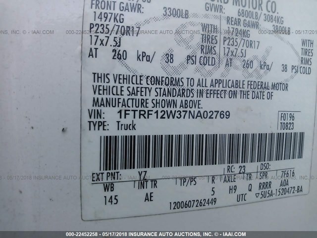 1FTRF12W37NA02769 - 2007 FORD F150 WHITE photo 9