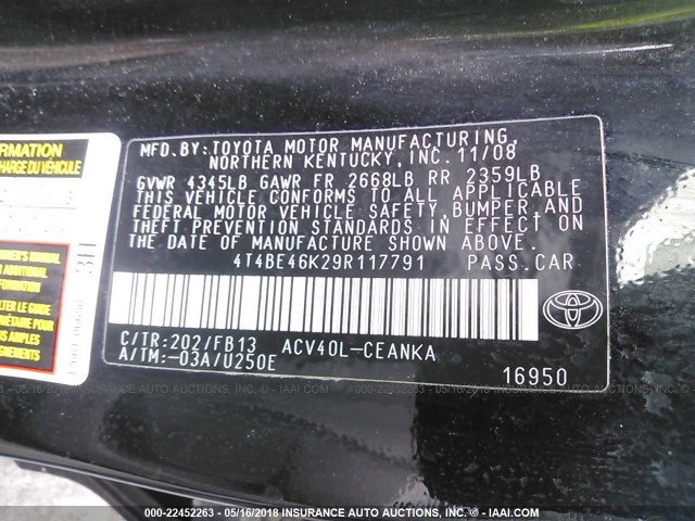 4T4BE46K29R117791 - 2009 TOYOTA CAMRY SE/LE/XLE BLACK photo 9