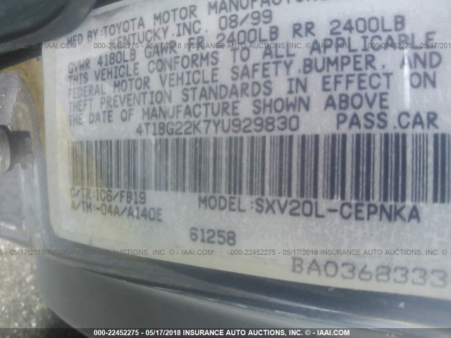 4T1BG22K7YU929830 - 2000 TOYOTA CAMRY CE/LE/XLE GRAY photo 9