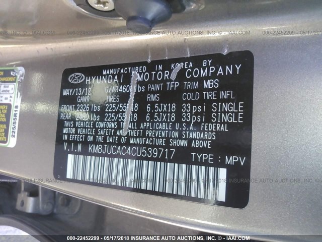 KM8JUCAC4CU539717 - 2012 HYUNDAI TUCSON GLS/LIMITED ვერცხლისფერი ფოტო 9