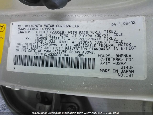 JTEHF21A320090344 - 2002 TOYOTA HIGHLANDER LIMITED GOLD photo 9