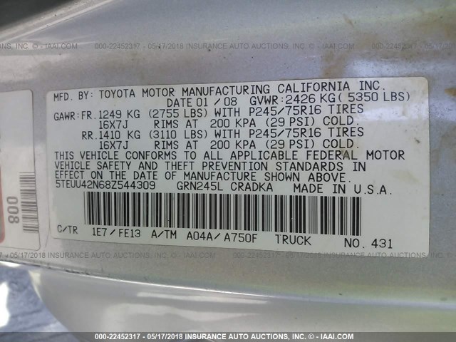 5TEUU42N68Z544309 - 2008 TOYOTA TACOMA ACCESS CAB Сұр фото 9